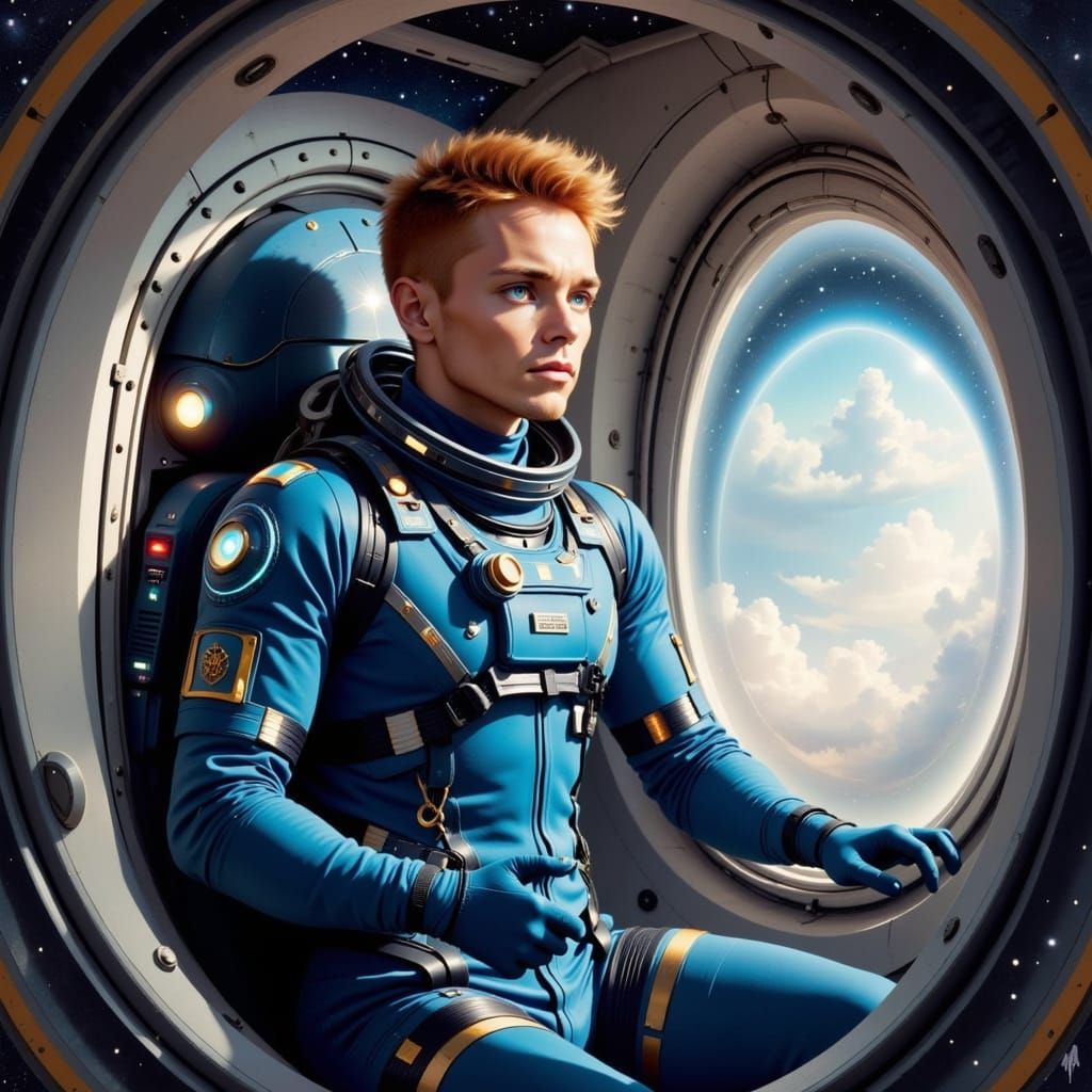 Muscular Redheaded Space Explorer in Vibrant Blue Suit