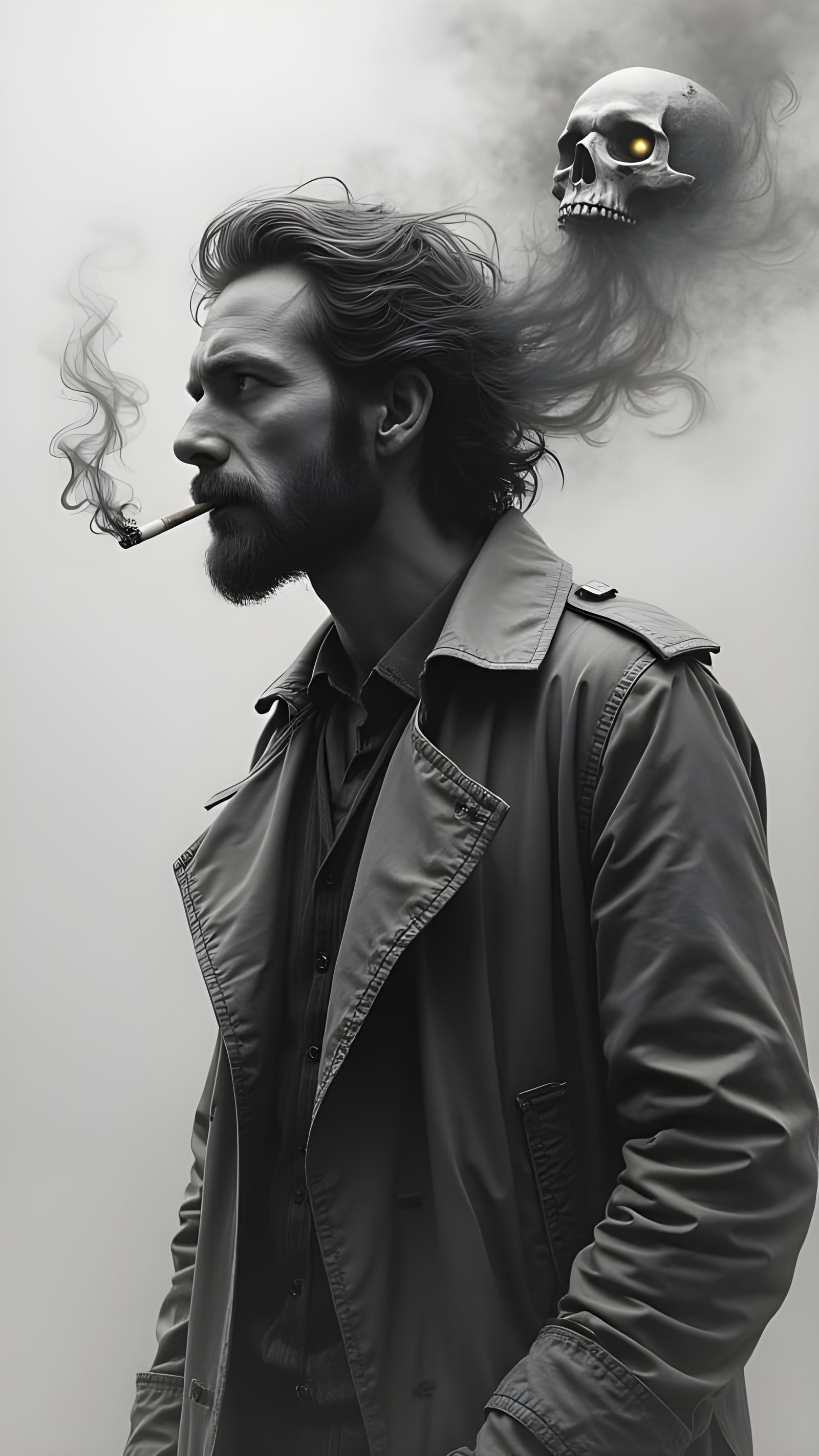 Rugged Man Exhales Smoke Skull in Cinematic Realism