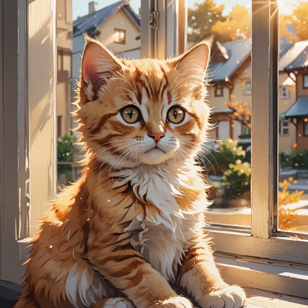 Kitten on Windowsill in Vibrant Manga Style