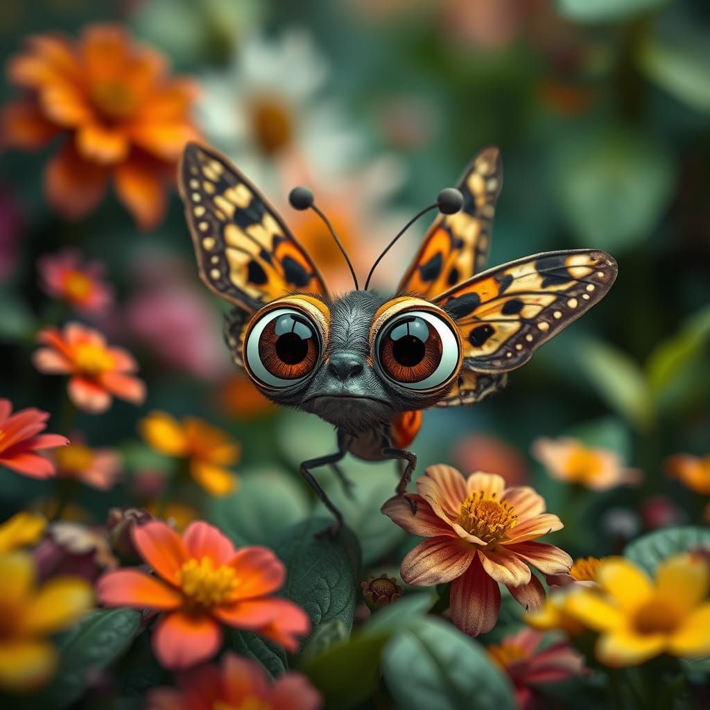 Confused Butterfly with Cartoon Eyes in Hyperrealistic Garde...