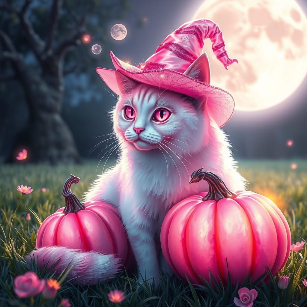 Regal White Cat Under Full Moon in Vibrant 3D Digital Art