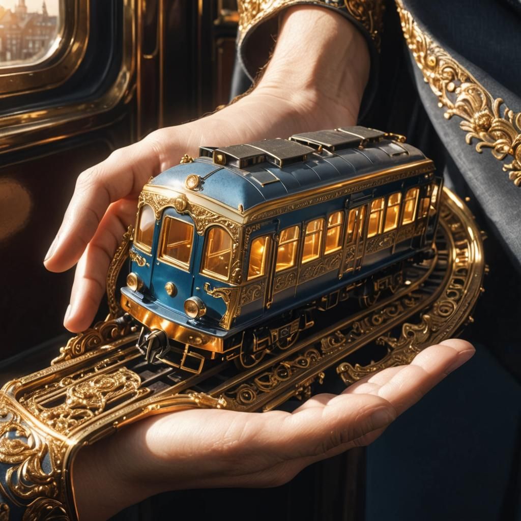 Decorative Train Carriage Held in Hands: Photorealistic Art
