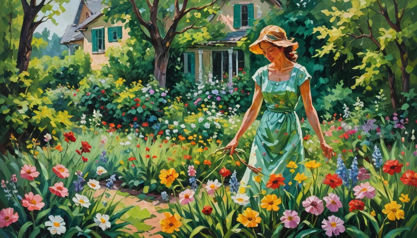 Impressionist Woman in Garden with Impasto Texture