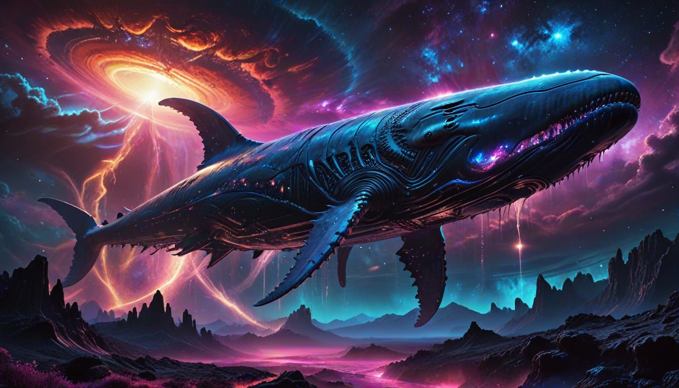 Ethereal Bioluminescent Space Whale Ascends from Nebula
