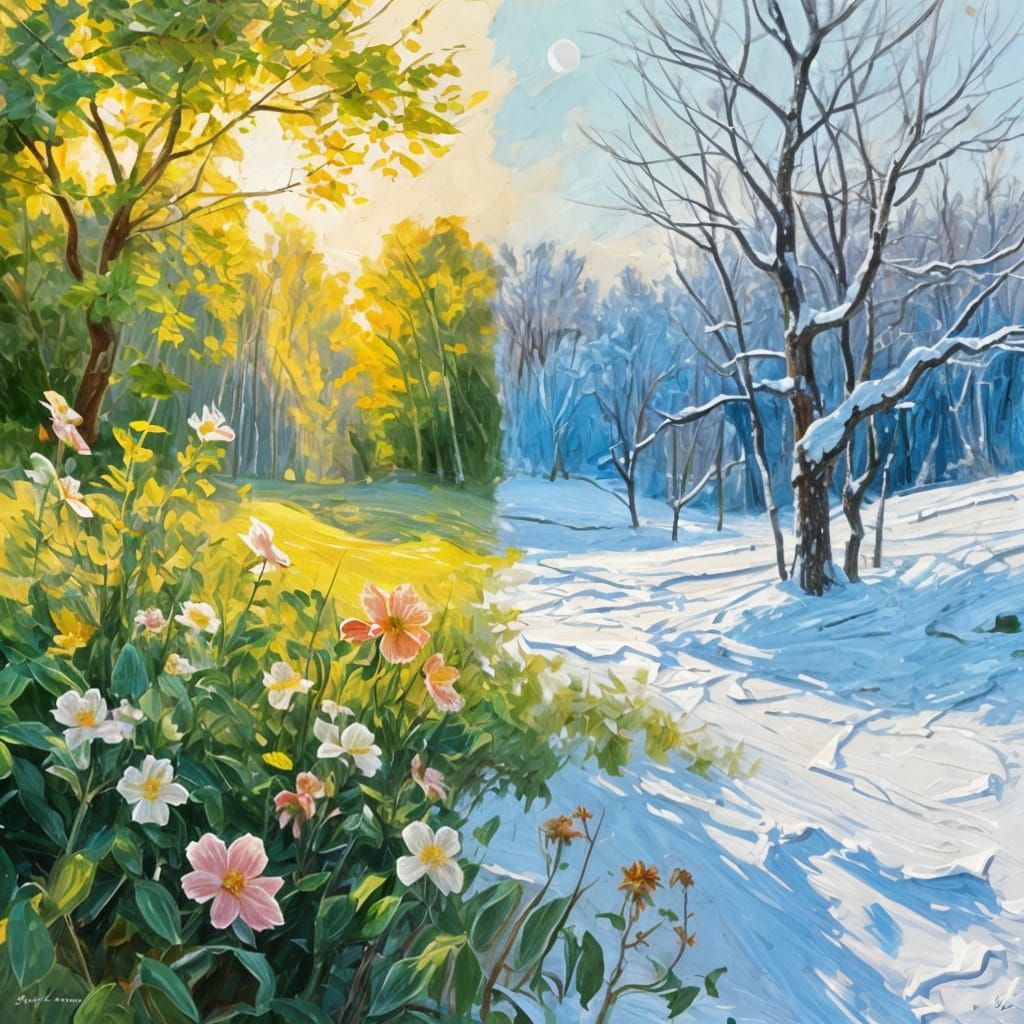 Summer and Winter Contrasted in Textured Oil Painting