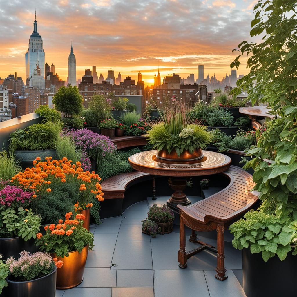 NYC Rooftop Garden at Sunset: Stunning Photography
