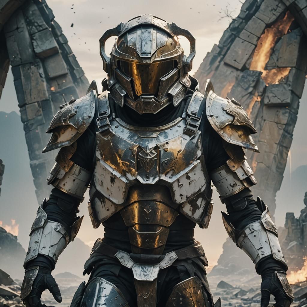 Heroic Armored Warrior in Ruined Landscape