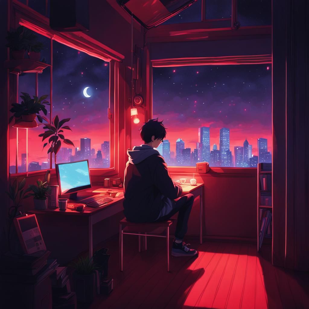 Cozy Lofi Night Scene in Anime Style
