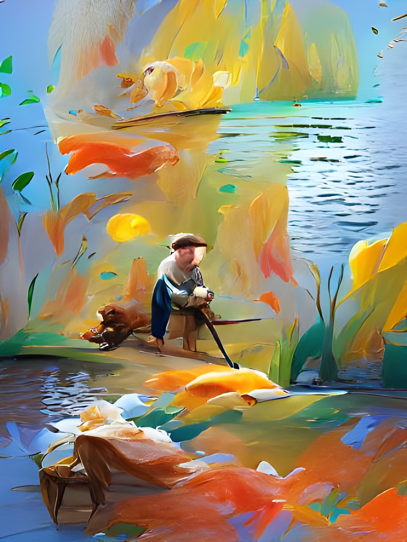 Fisherman and Dog: Colourful Gouache Painting