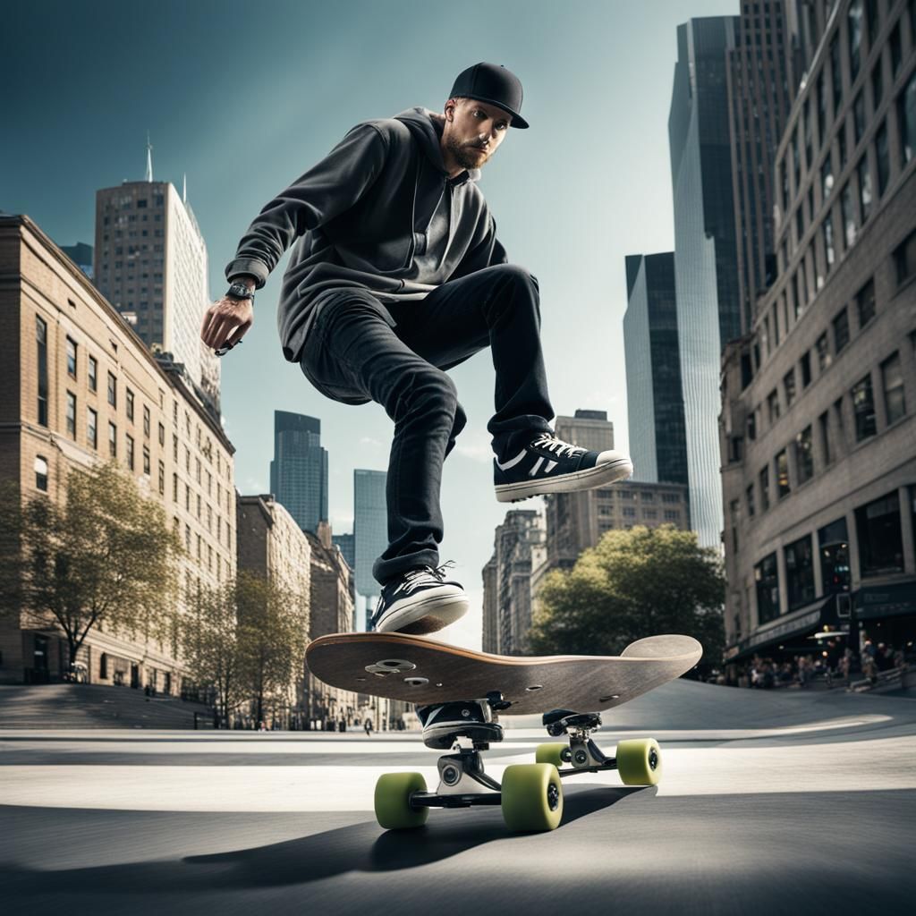 Skateboarder Ollie in Cityscape: Dynamic Matte Painting