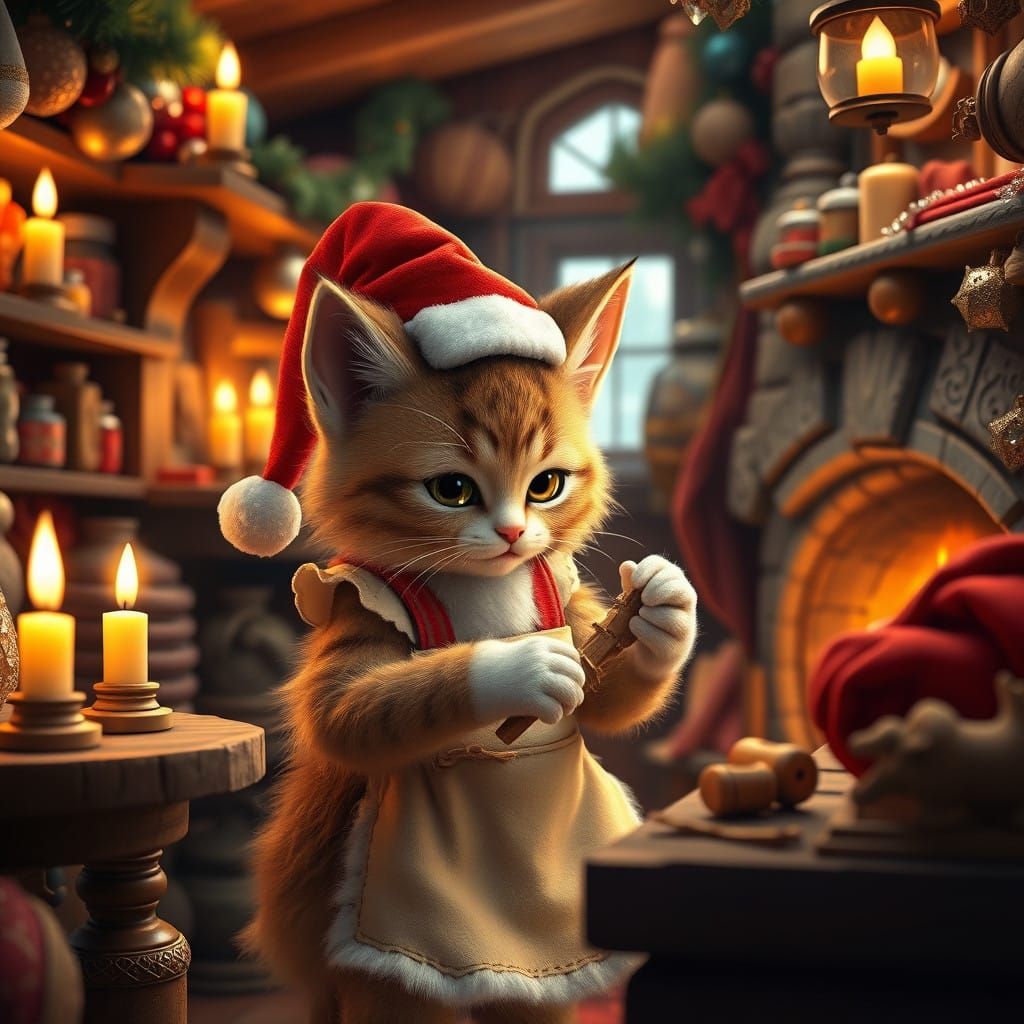 Whimsical Christmas Elf Kitty Crafts Wooden Toy in Santa's W...
