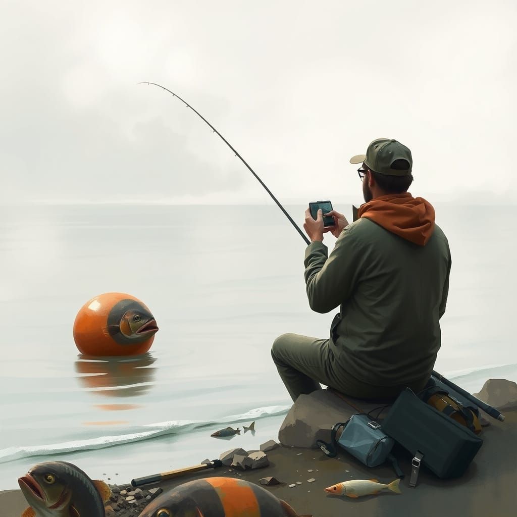 Humorous Fish Prank on Fisherman, Digital Painting