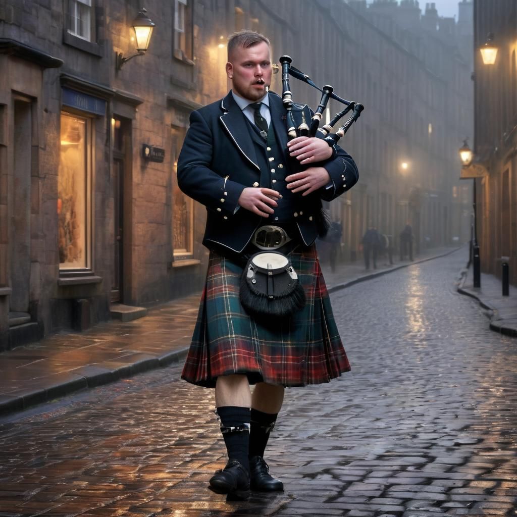 Bagpiper on Cobbled Glasgow Street: Hyper-Realistic Splash A...
