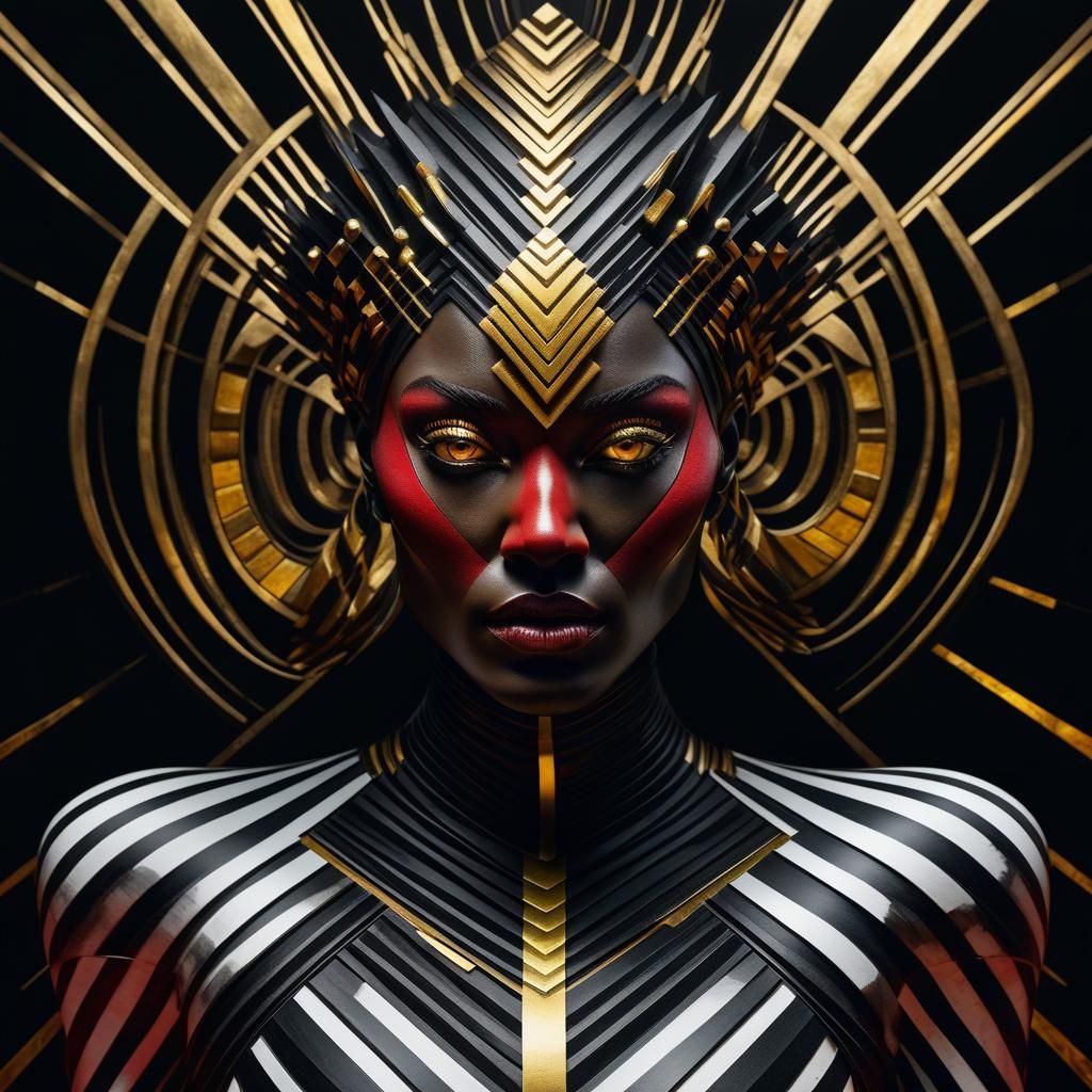 Surreal Op Art Woman in Crimson and Gold