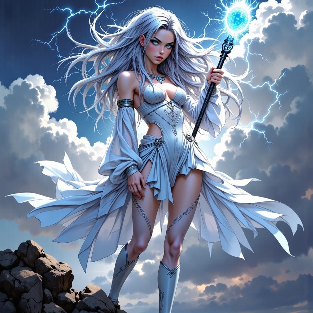 Majestic Anime Woman Wielding Lightning on Windswept Cliff