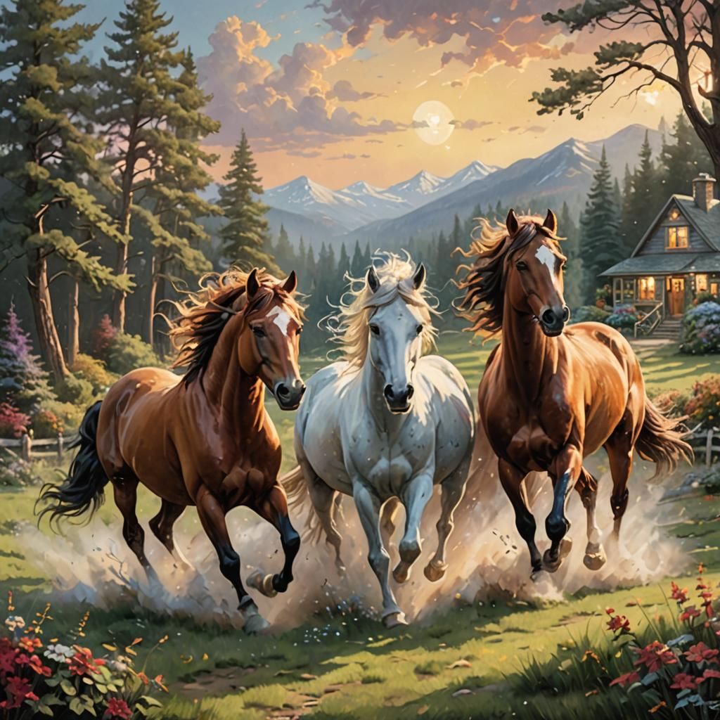 Wild Horses Running: Luminous Landscape Painting