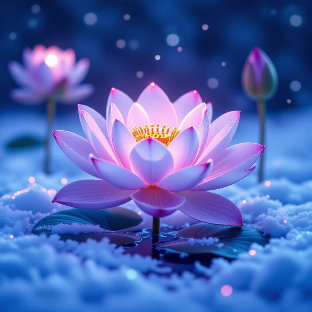 Futuristic Neon Lotus Flowers in Crystal Snow