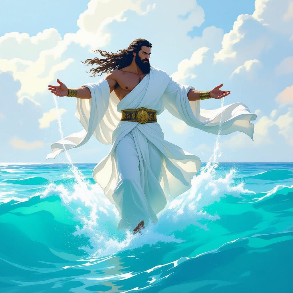 Greek God of Water in Atmospheric Landscape