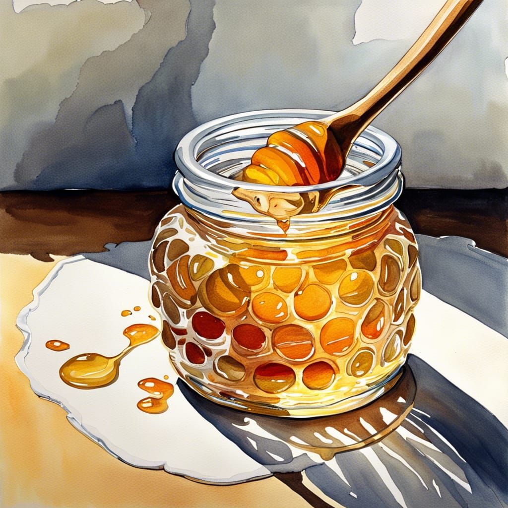 Sunlit Honey Jar Still Life in Watercolor