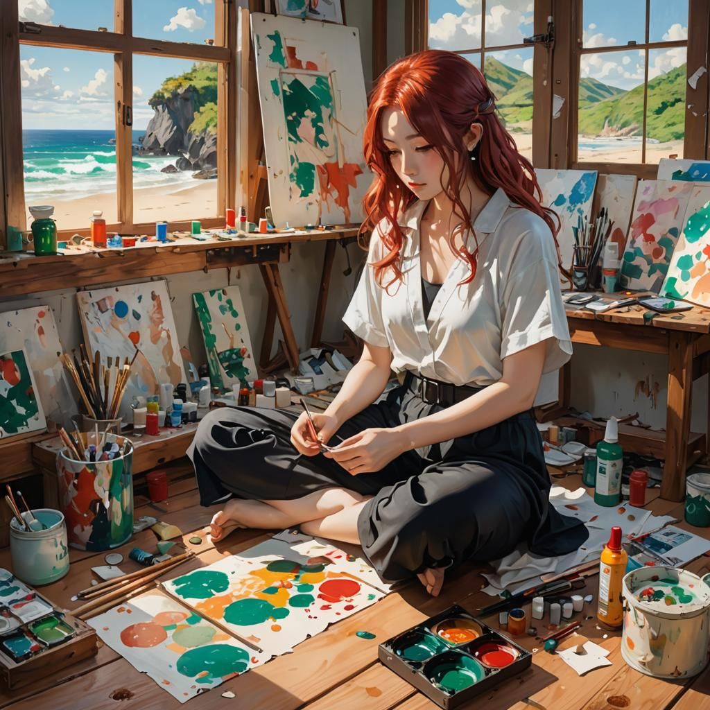 Anime Woman Painting Beach Scene in Fantasy Style