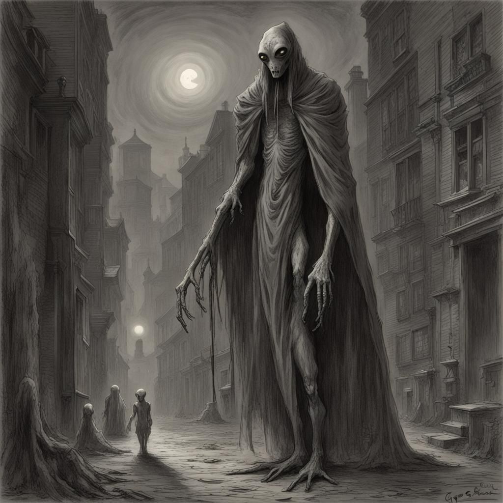 Slender Grey Alien in Sinister Cityscape