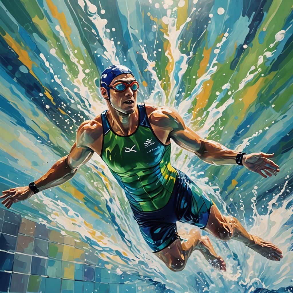 Paralympian Swimmer Diving, Vibrant Triadic Oil Painting