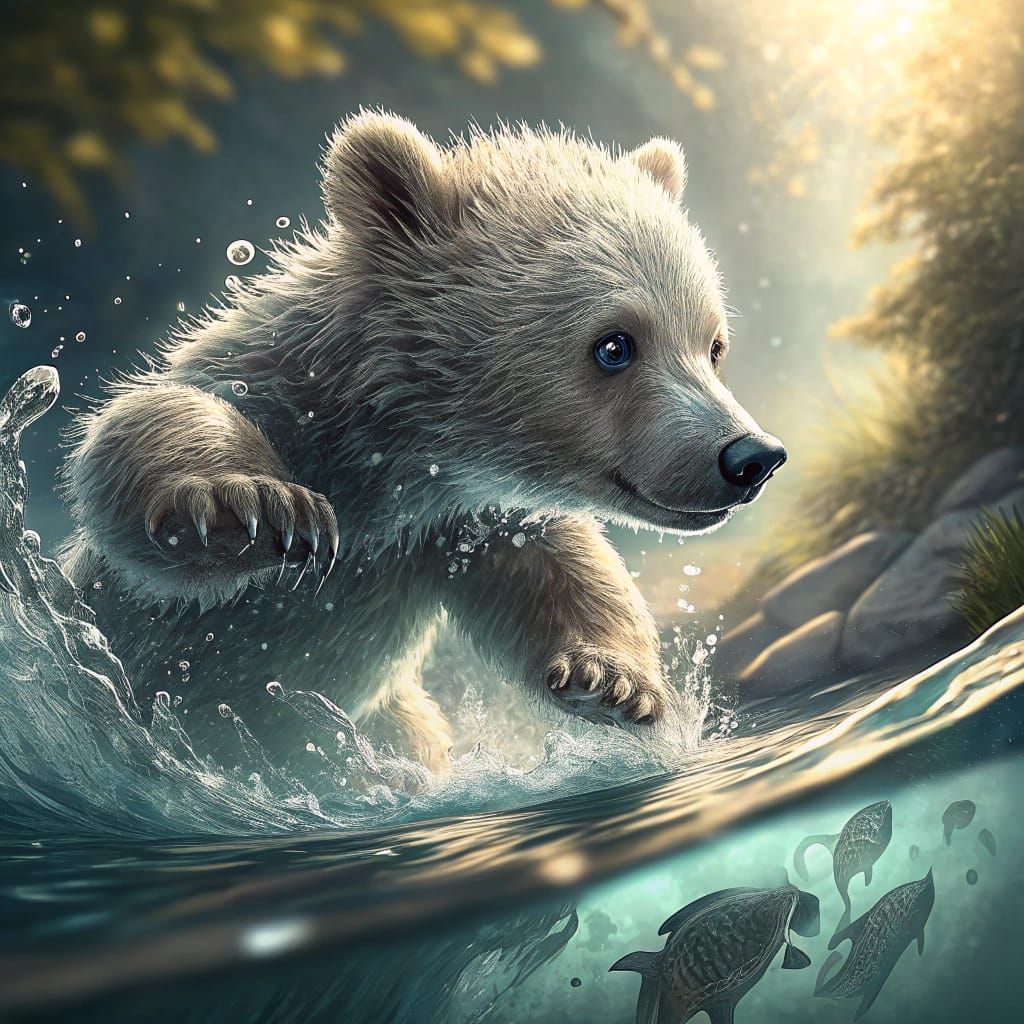 Bear cub trying to get fish