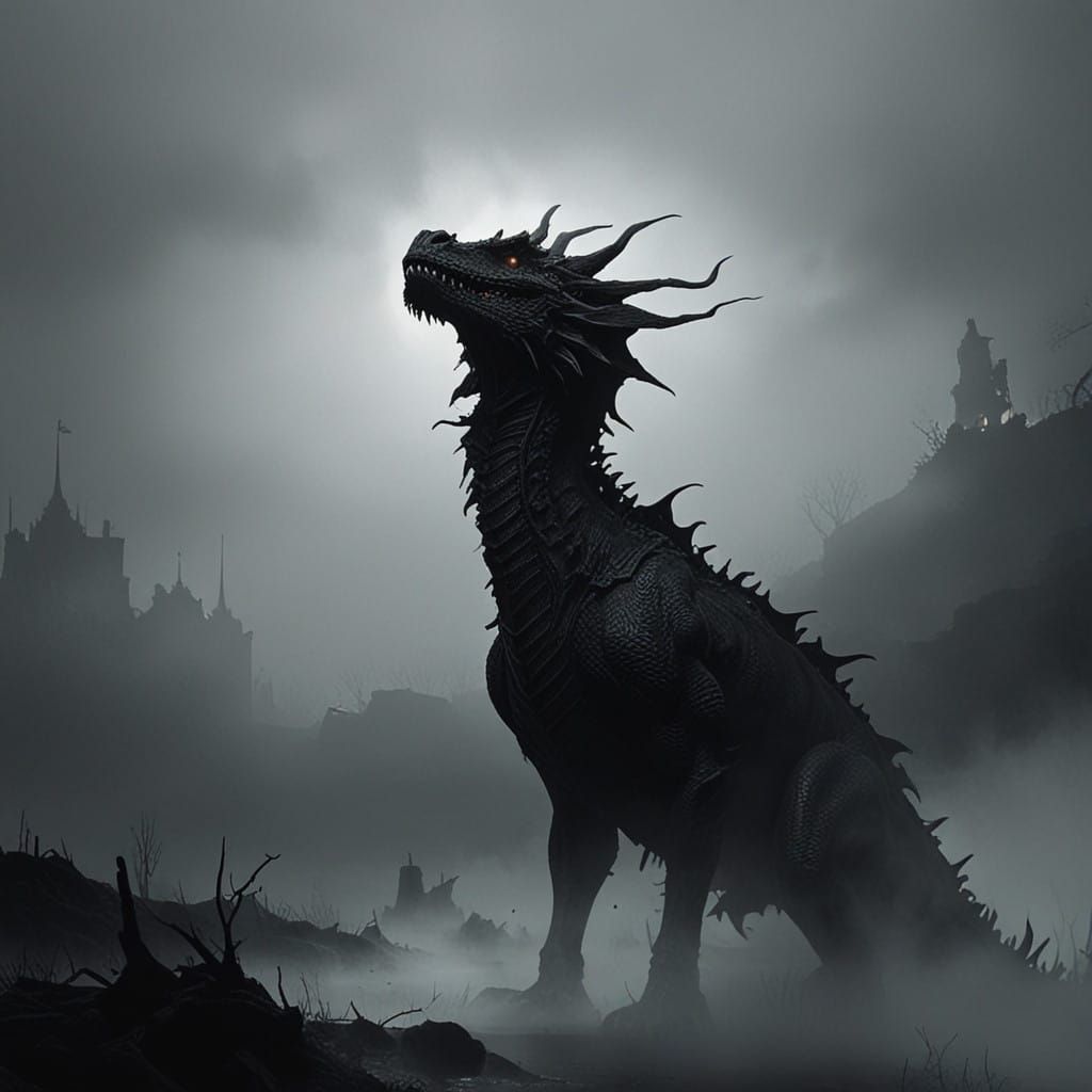 Dragon Born from Fog in a Haunting, Gritty Landscape