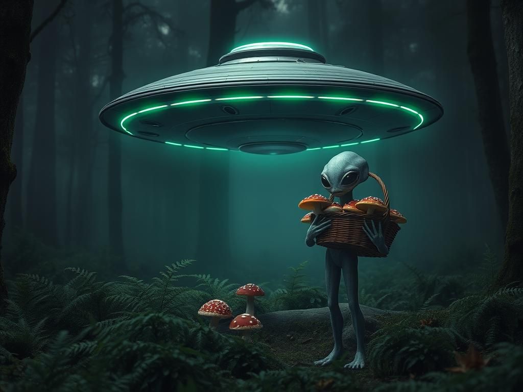 Alien Collecting Mushrooms for Flying Saucer