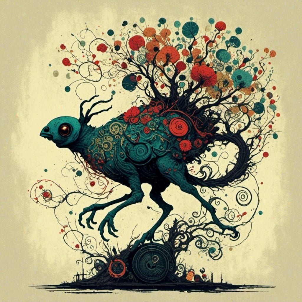 Colorful Parrot on Mechanical Tree in Twisted Ink Style