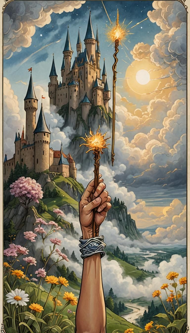 Ace of Wands Tarot Card with Blooming Wand