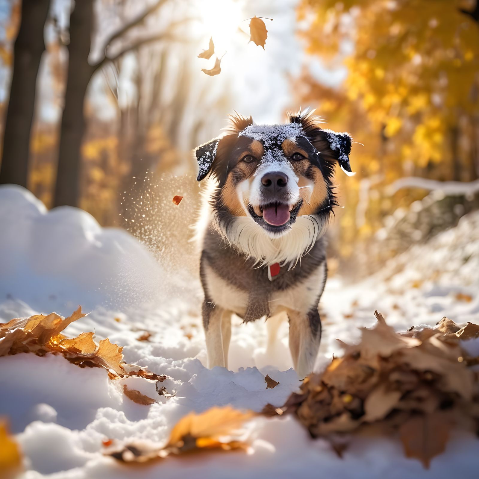 Joyful Dog Playing in Snow with Falling Leaves