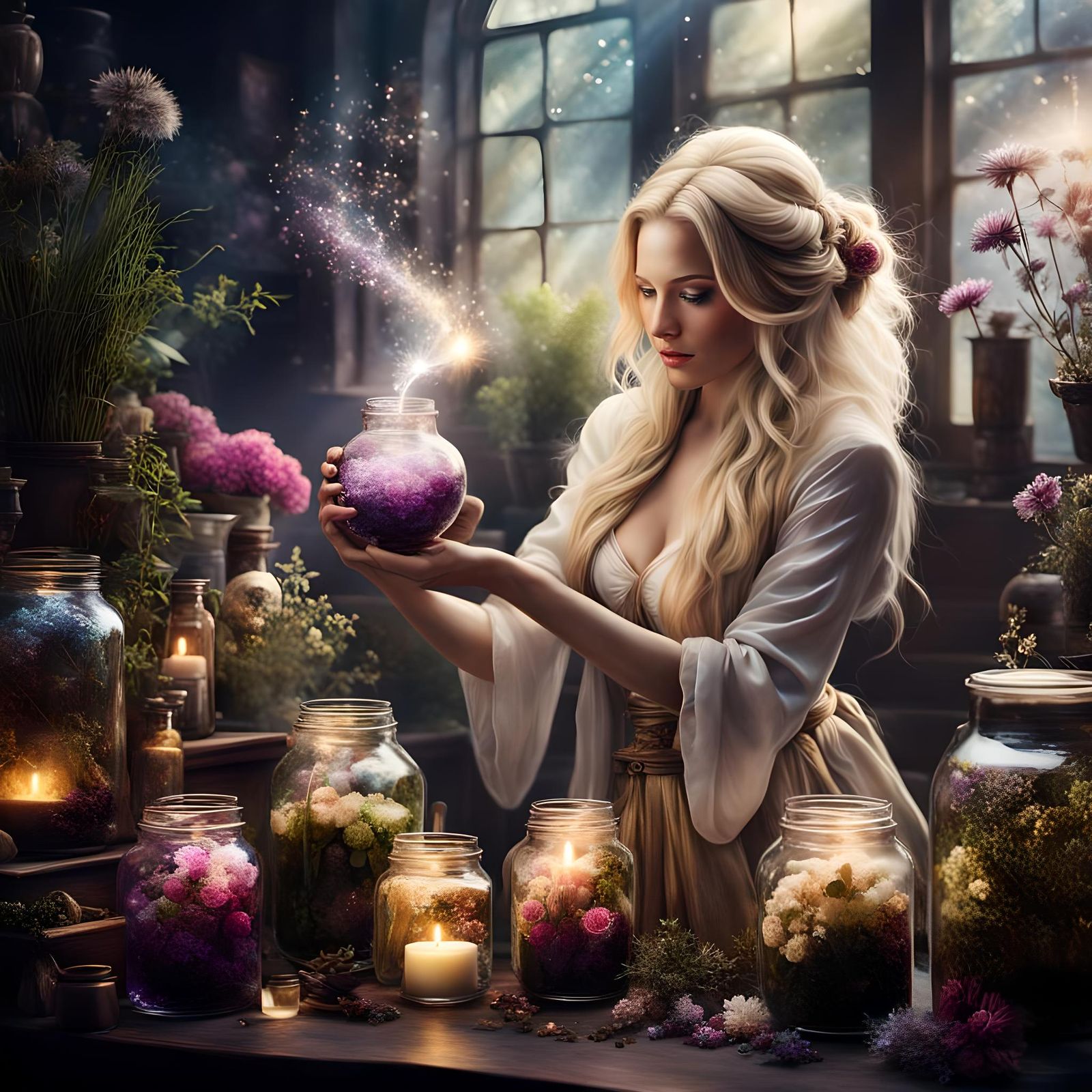 Blond Herbalist Brewing Magic Potion: Fantasy Art