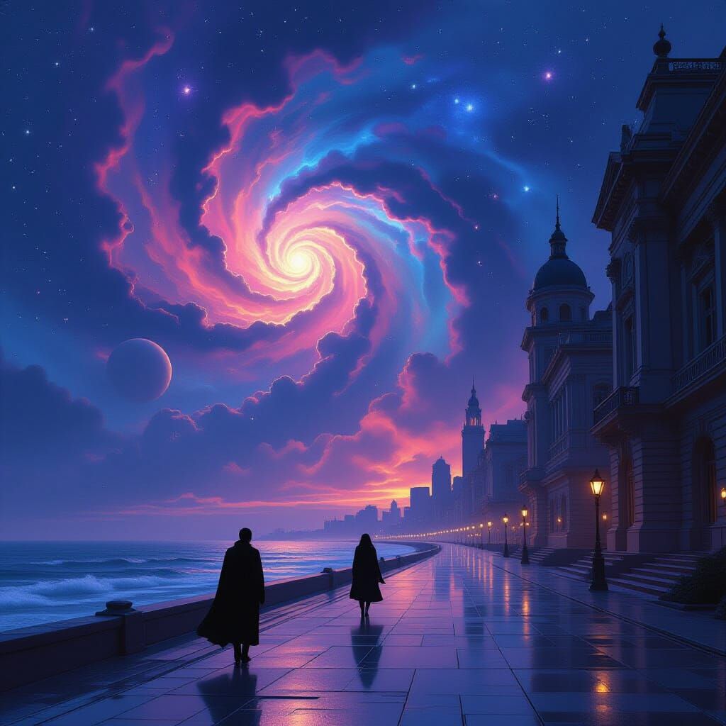 Cosmic Nebula Sky Over Deserted Seaside Boulevard