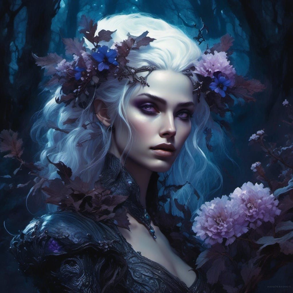 Onyx Elf with Bioluminescent Flowers, Dark Fantasy Illustrat...