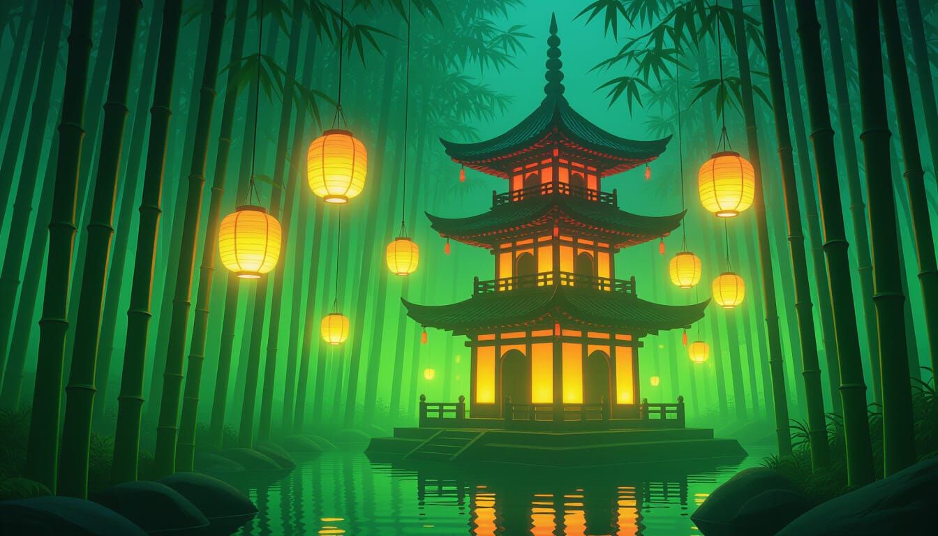 Glowing Bamboo Pagoda in Neon Mist