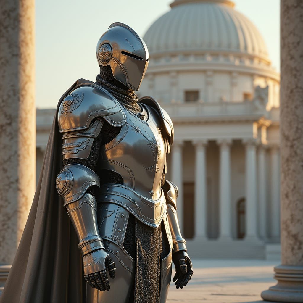 Futuristic Knight Guards Royal Palace in Industrial Futurism...
