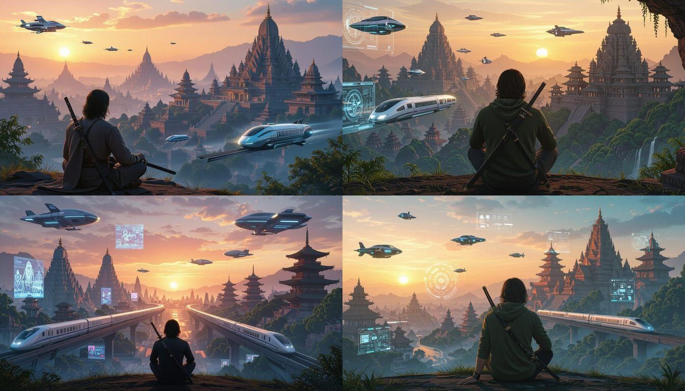 Futuristic Indian City with Samurai Influence at Sunset