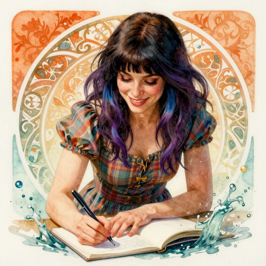 Woman Writing in Watercolor Style with Dynamic Lighting