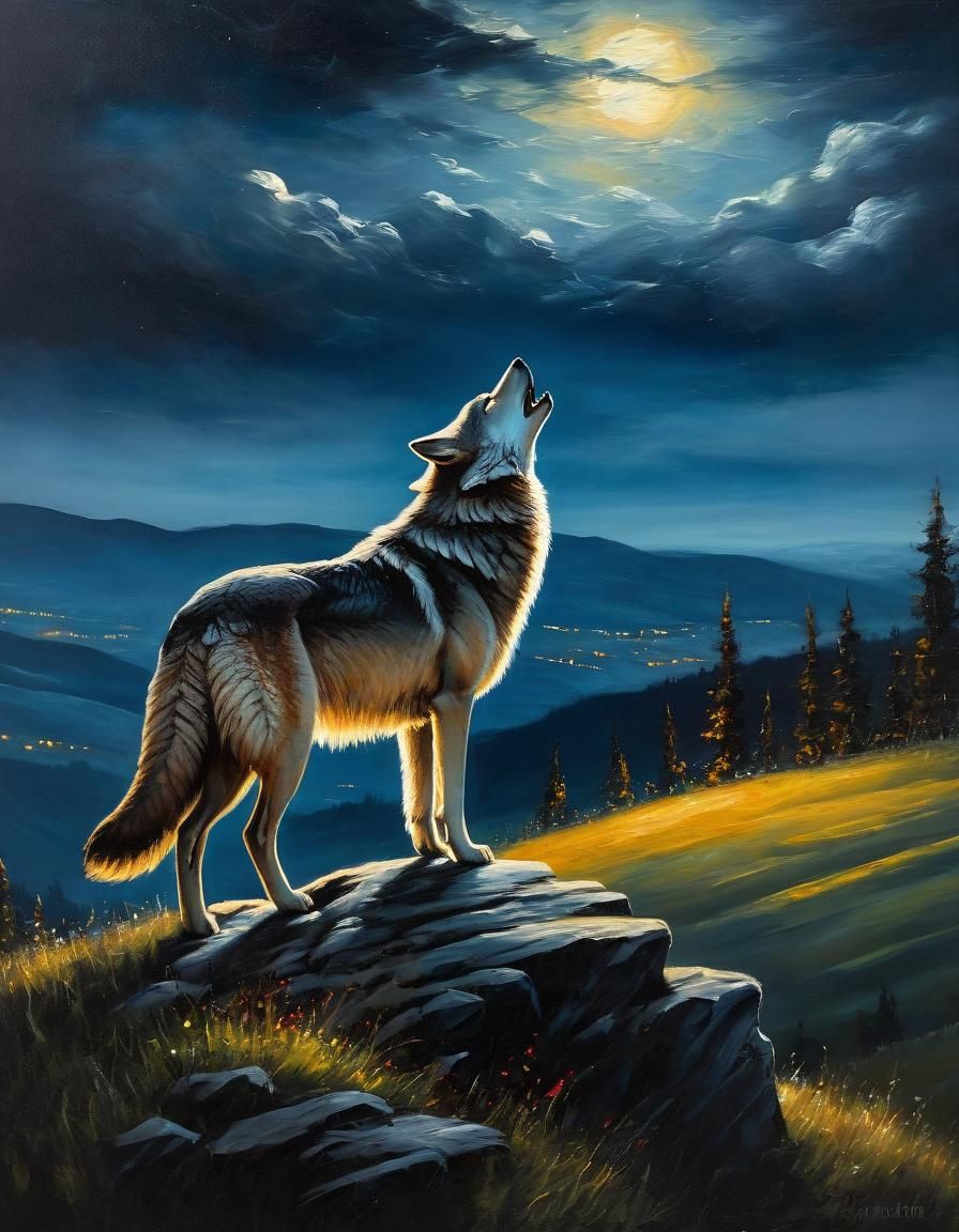 Lone Wolf Howling at Night as Oil Painting