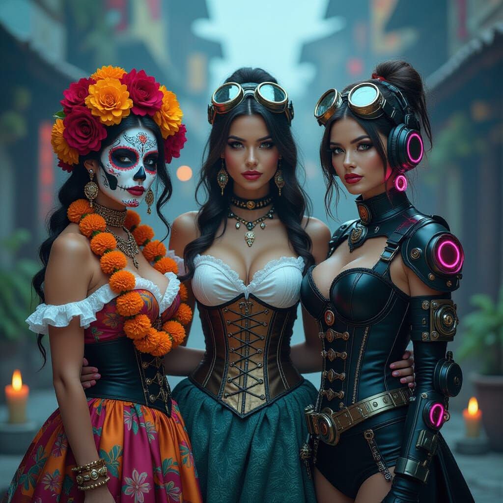 Three Women in Day of the Dead, Steampunk, and Cyberpunk Sty...