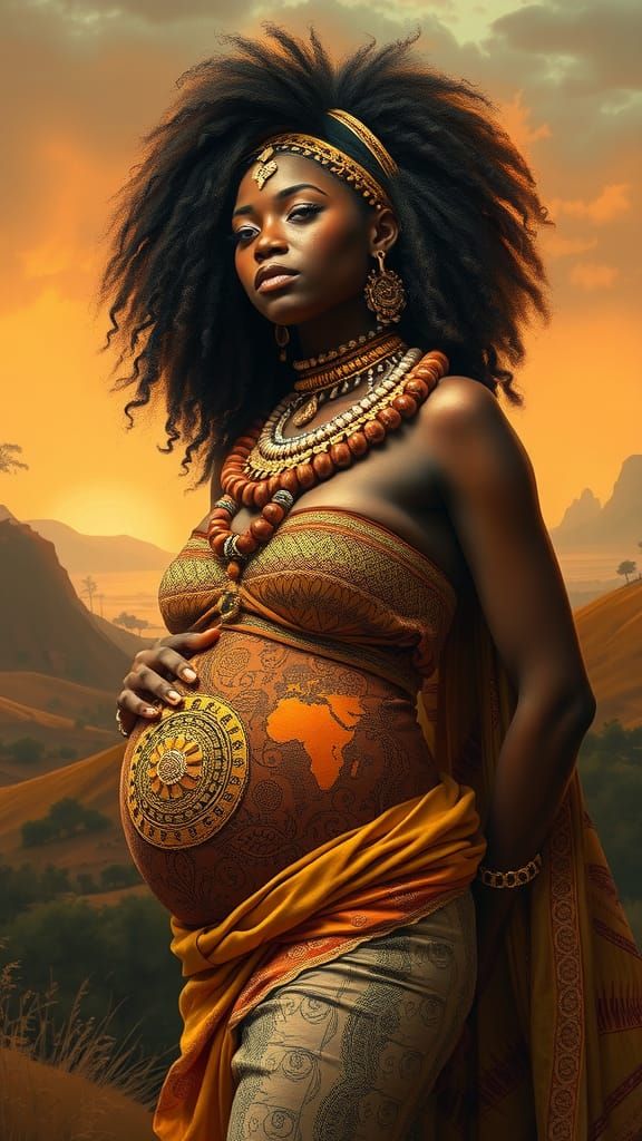 Majestic Pregnant African Goddess in Realist Style