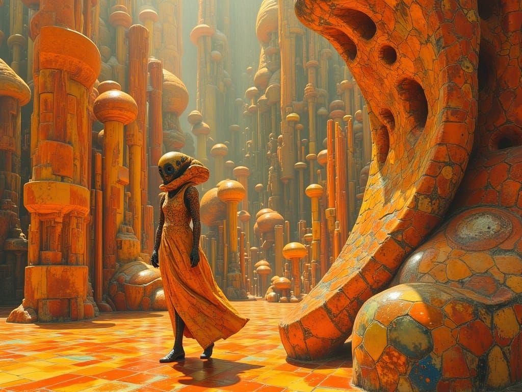 Alien Hiker in Surreal Escher Landscape