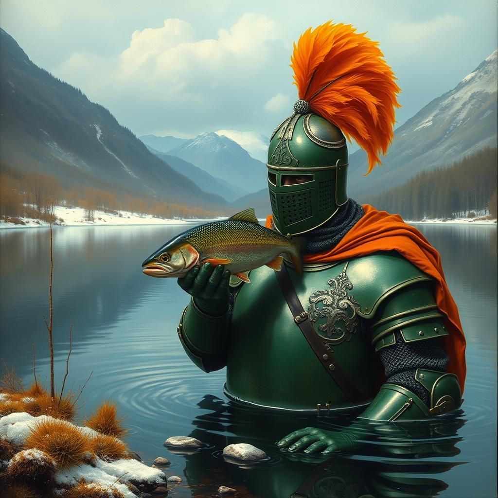 Surreal Knight Emerges from Lake Holding Fish