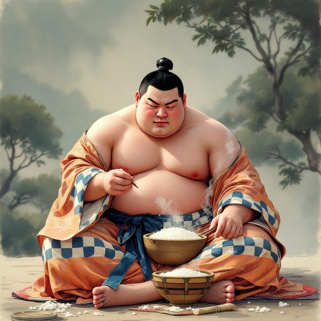 18 year old male sumo wrestler in robe sitting and eating ri...