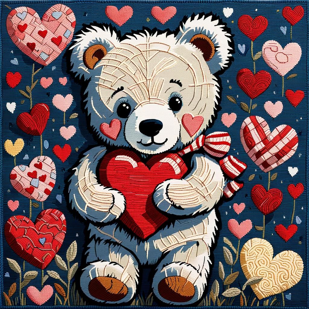 Needlepoint Teddy Bear Hug in Dubuffet Style