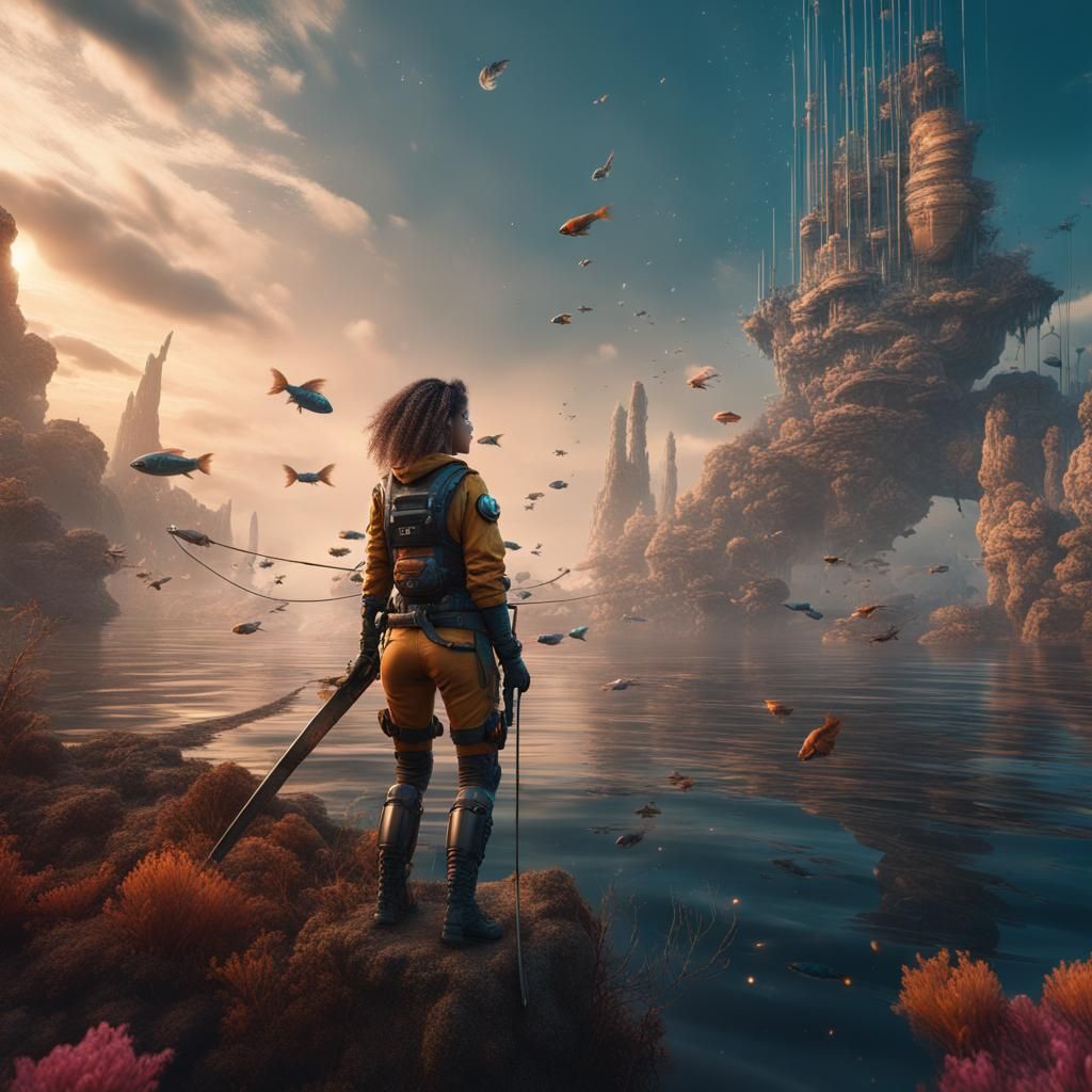 Futuristic Girl Fishing in the Sky as Digital Art