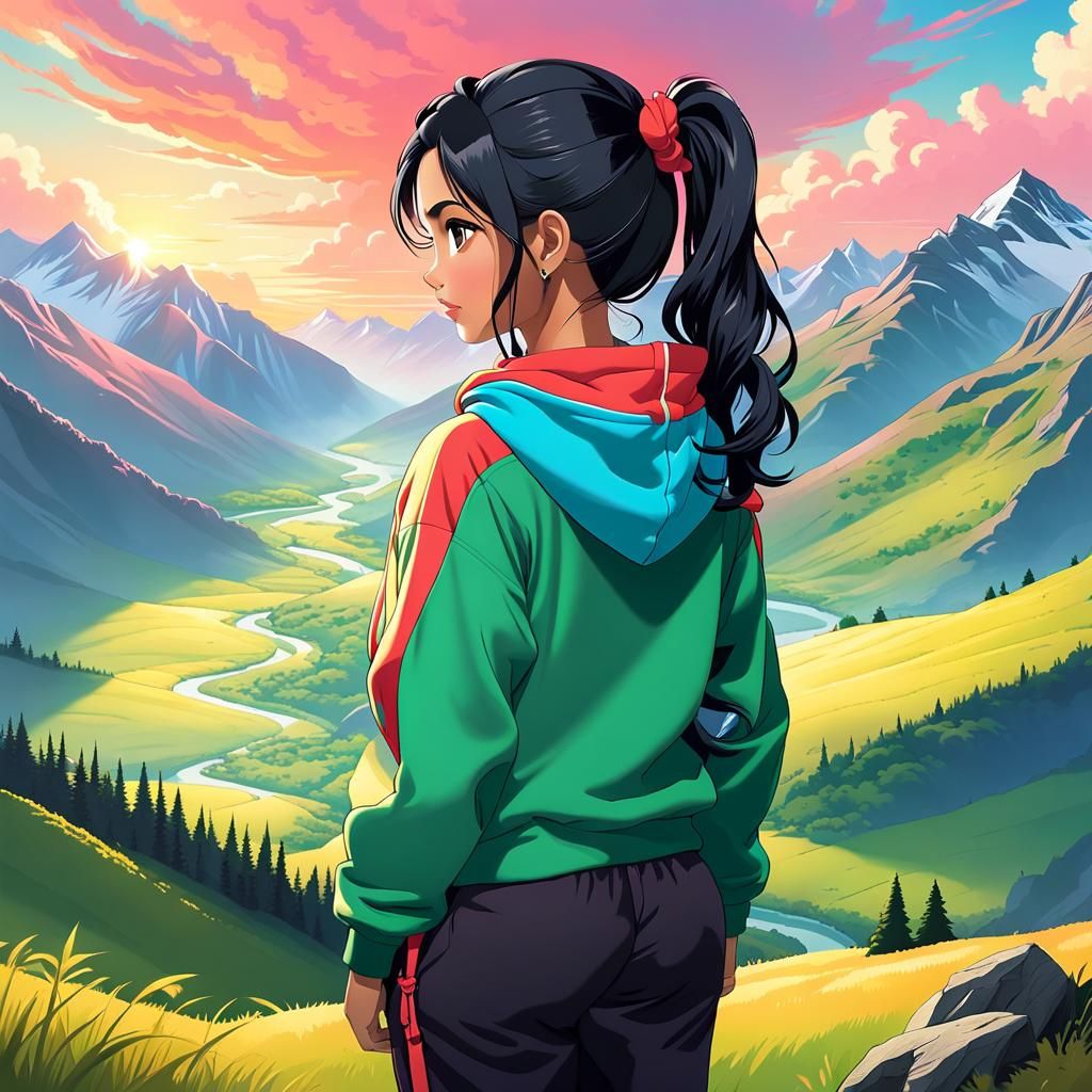 Indian Woman Gazing at Sunset in Anime Style