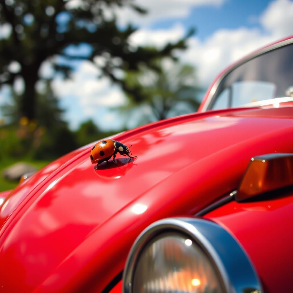 Ladybug on Red Beetle: Vintage Postcard Style