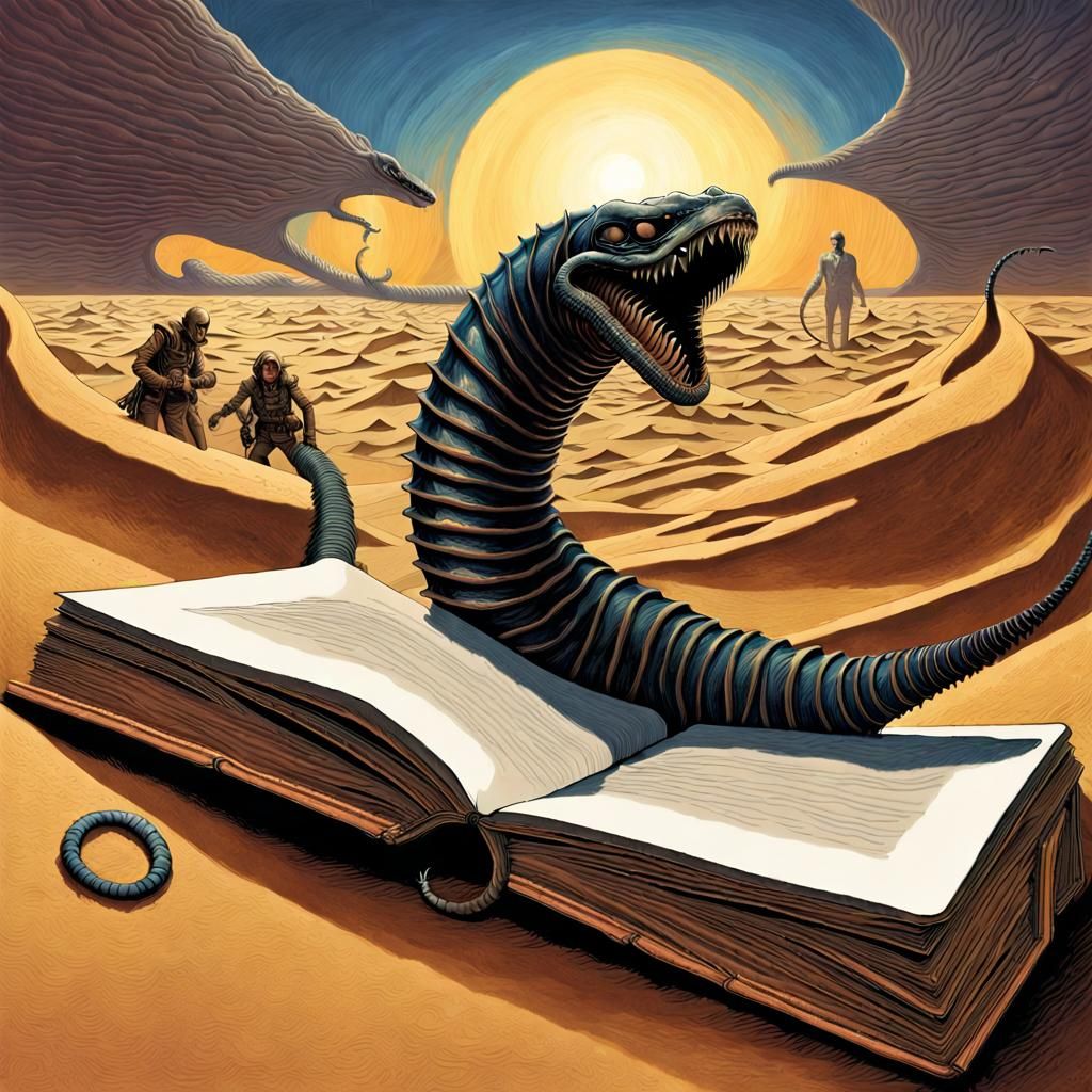 A SANDWORM OF DUNE WITH FREMEN RIDER ARCS OUT OF AN OPEN BOO...